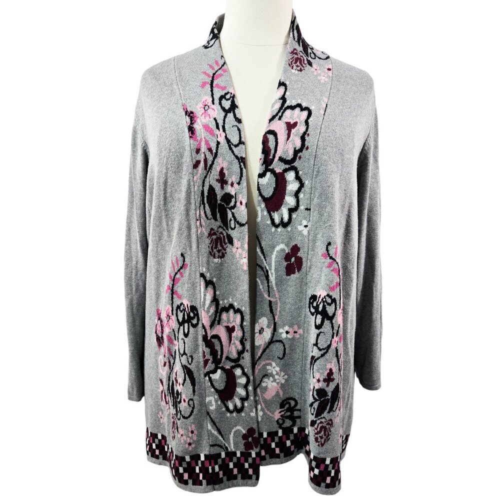 CJ Banks Gray Open Cardigan with Pink and Burgundy Floral Design